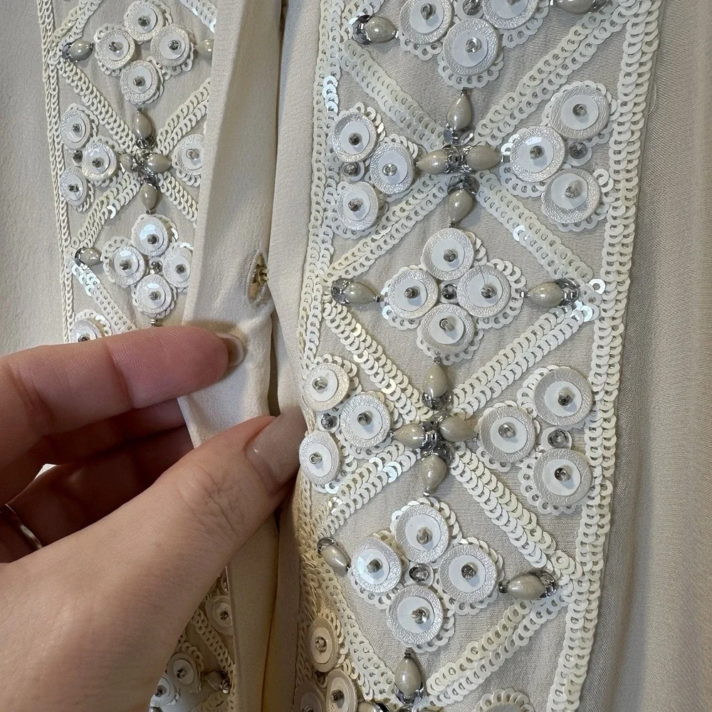 Tory Burch Size-8 Silk Embellished  Blouse 3/4 Sleeve Top‎ Ivory